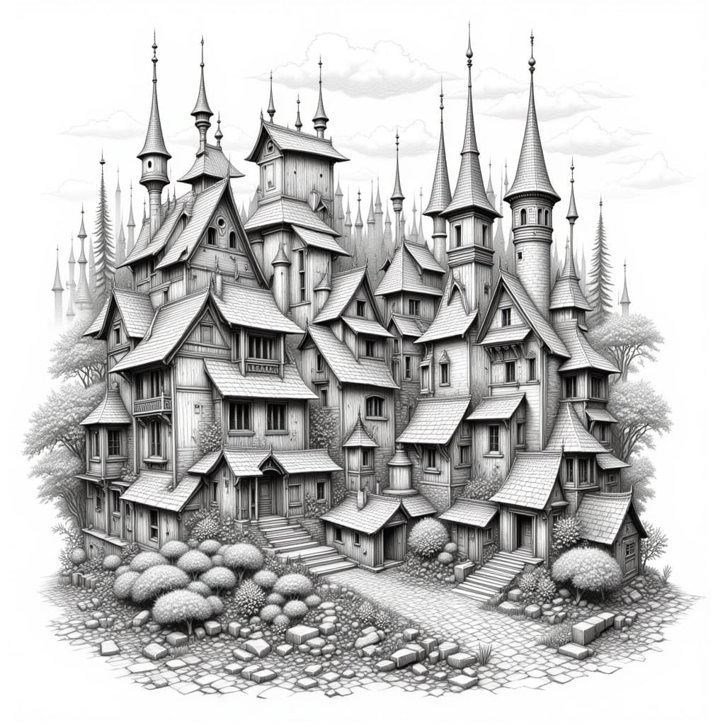 Whimsical City Rendered as Graphite Pencil Sketch