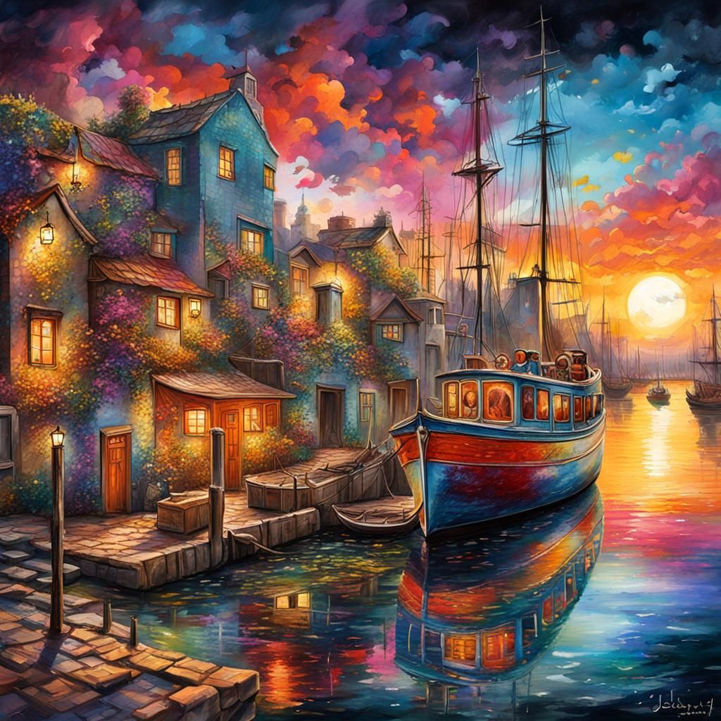 Fantasycore Watercolour Sundown at River Harbour