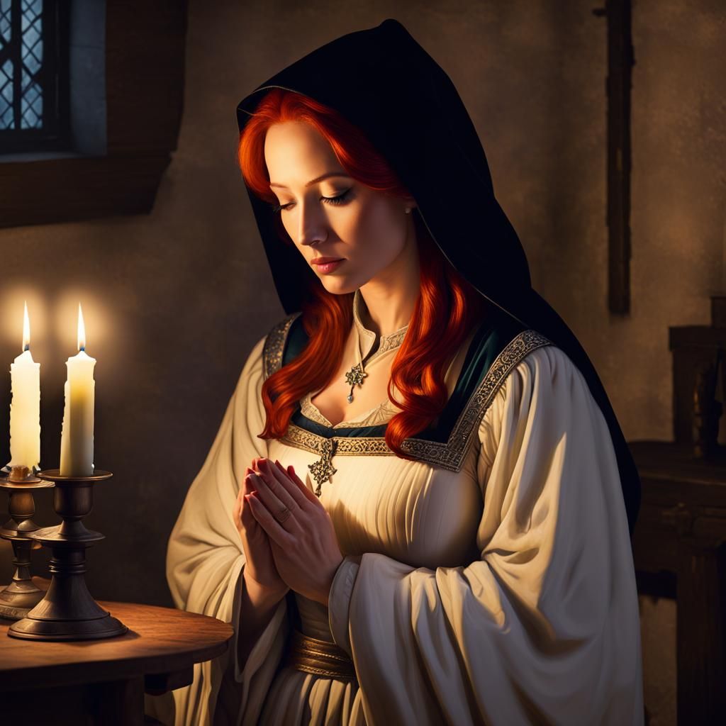 Medieval Peasant Woman Praying by Candlelight