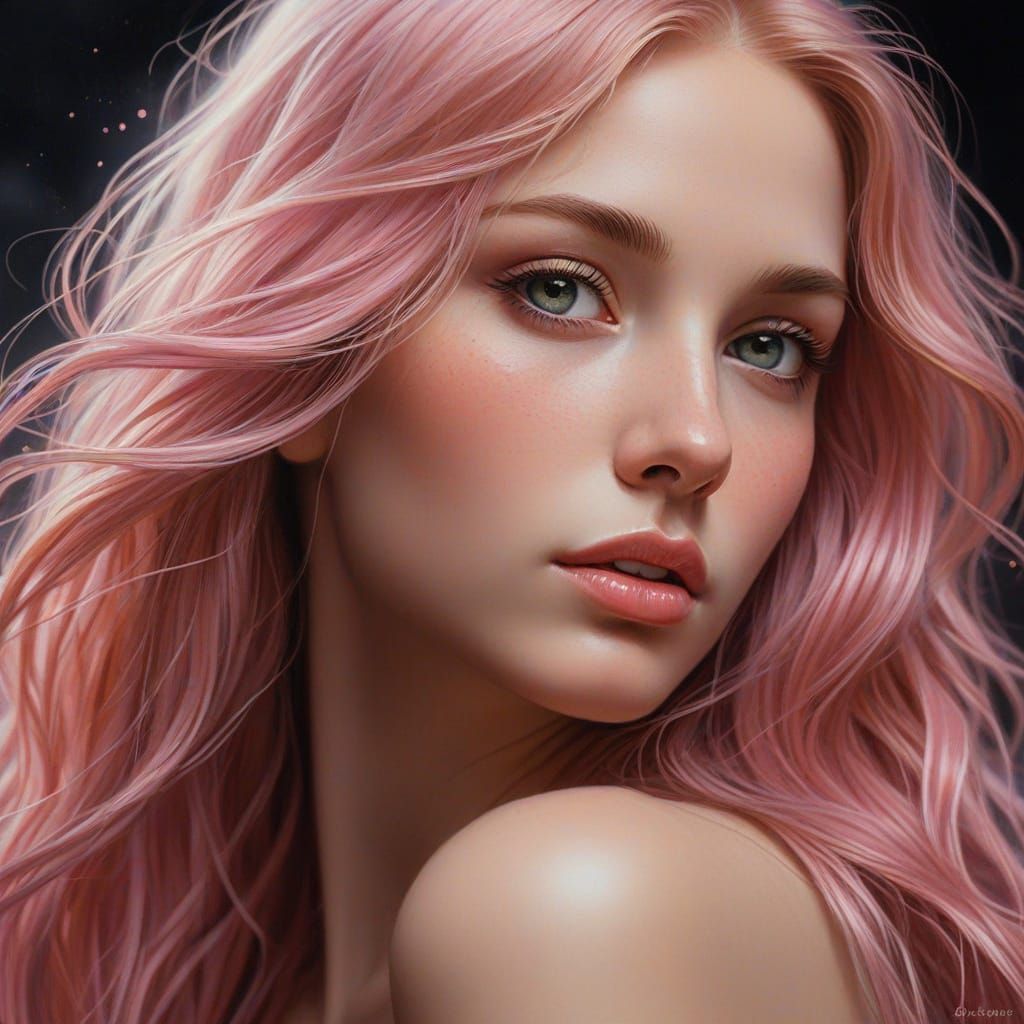 Ethereal Pink-Haired Woman in Oil Painting Style