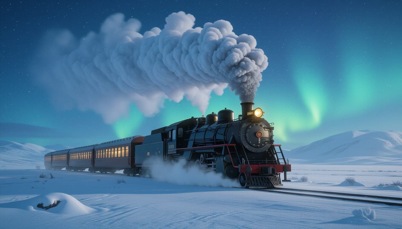 Vintage Steam Train Under Northern Lights