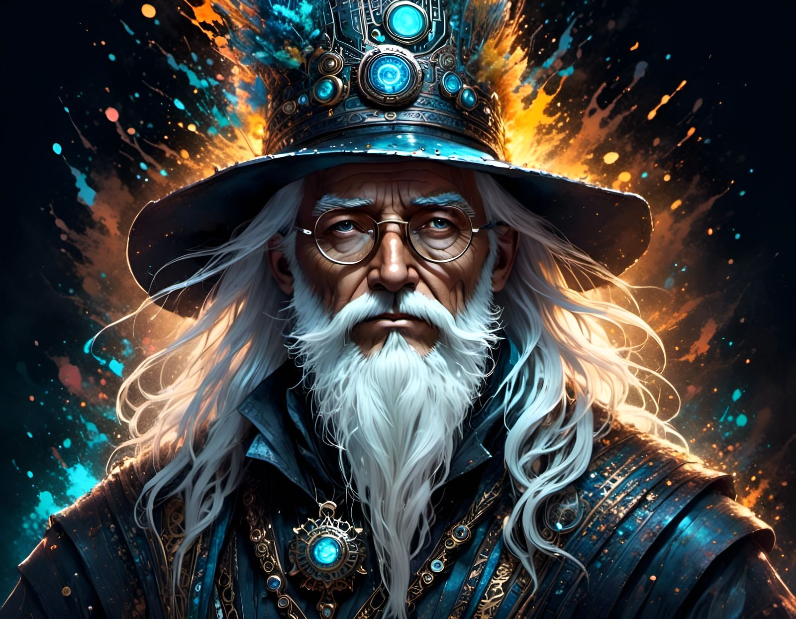 Cyberpunk Wizard Portrait with Luminescent Ink Details