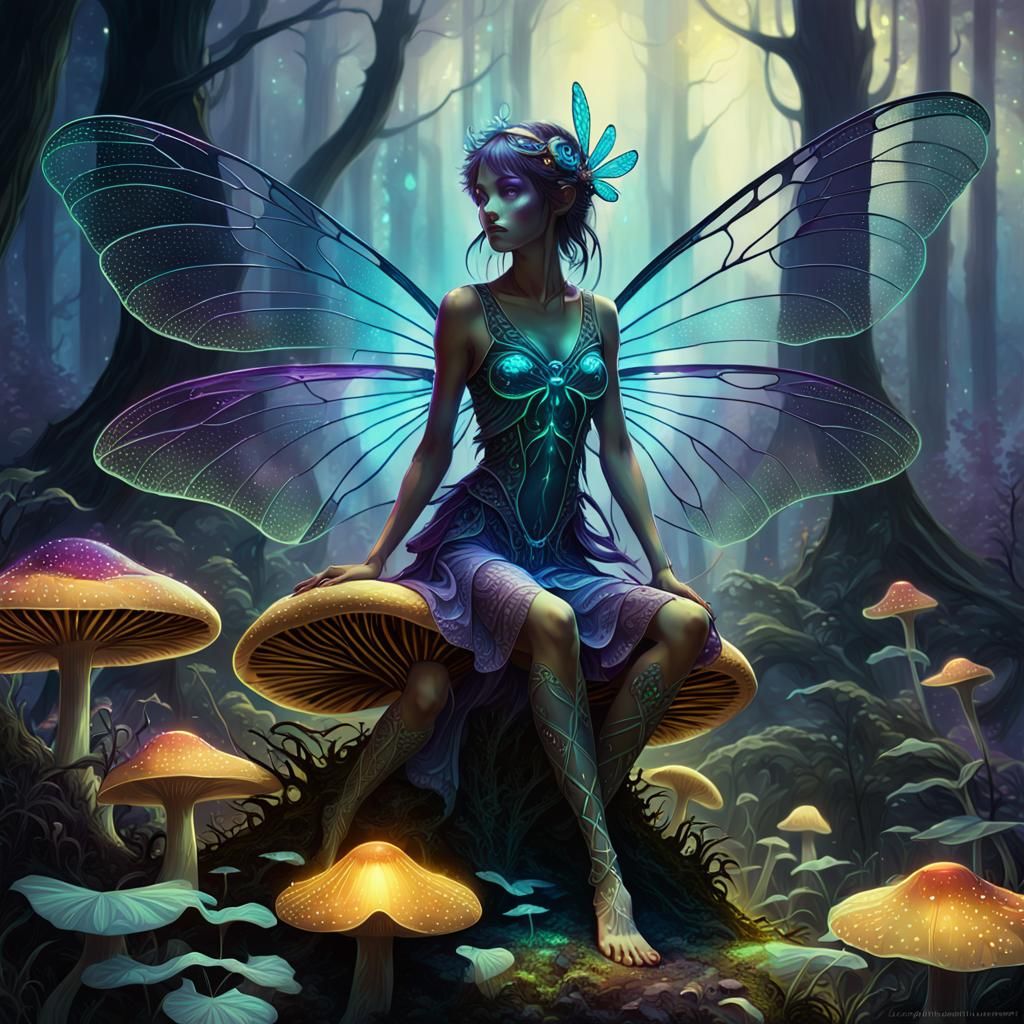 Bioluminescent Dragonfly Fairy in Ethereal Forest, Dark Fant...