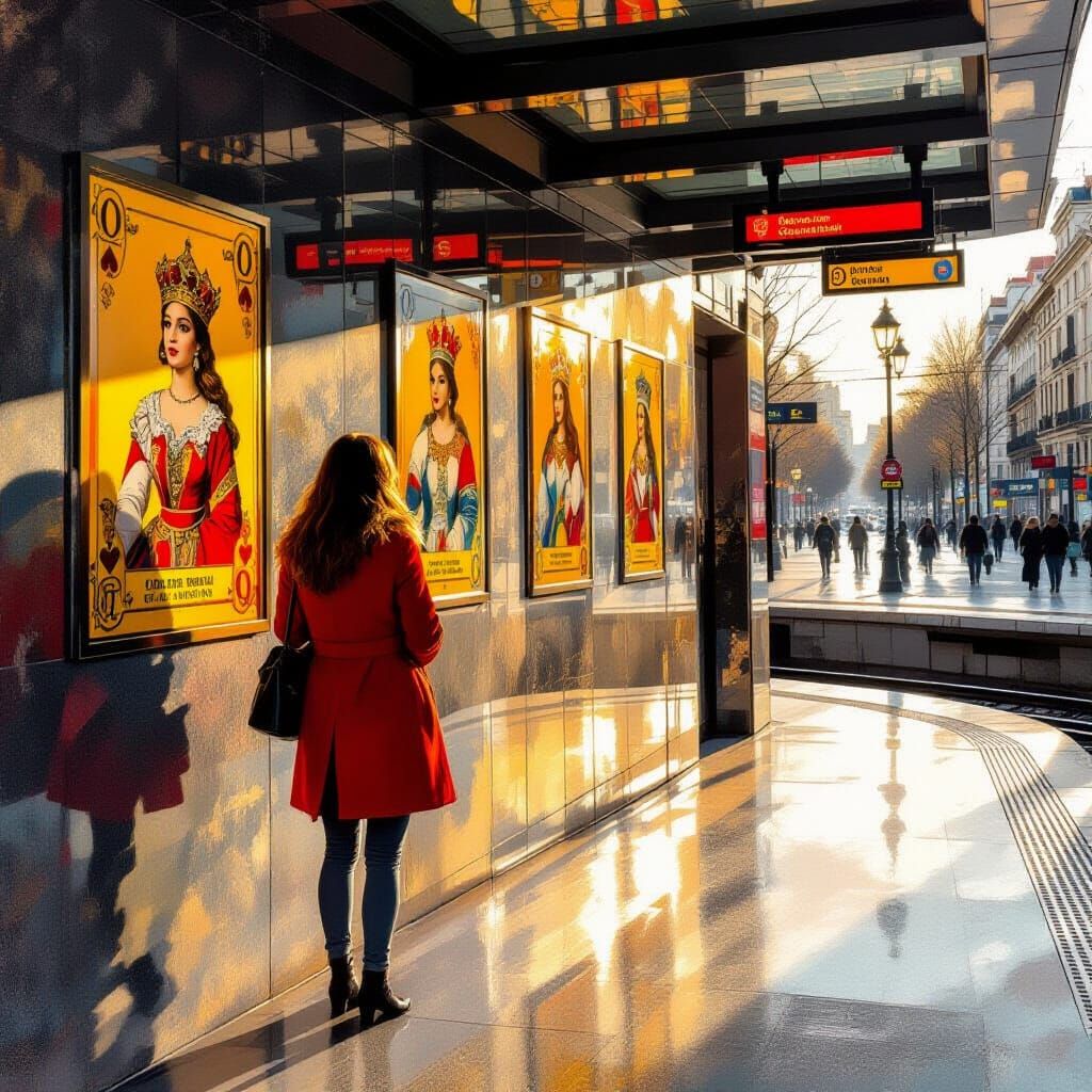 Woman in Red Coat at Madrid Metro Station