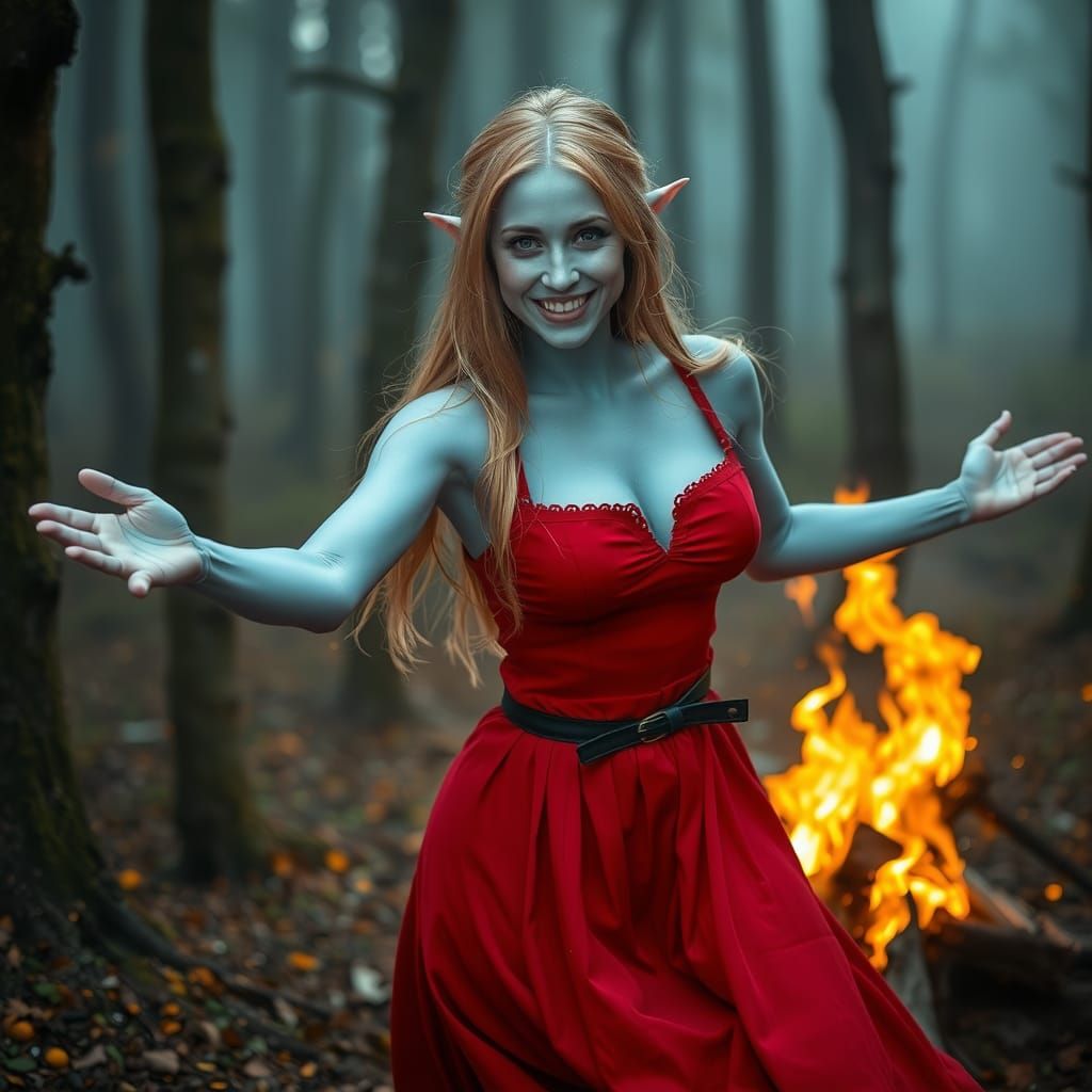 Blue Elf Woman Dancing in Forest