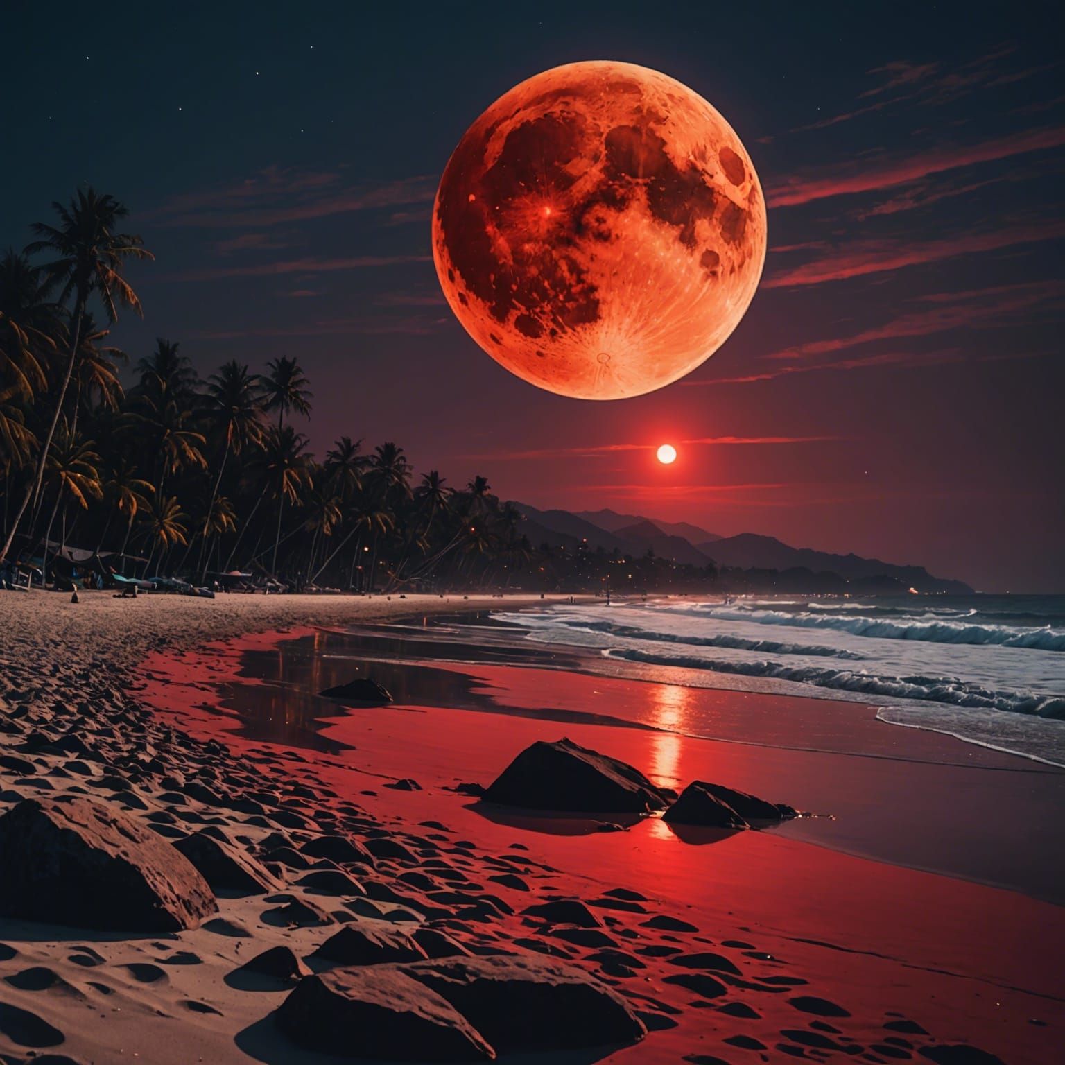 Blood Moon Illuminates Beach Landscape