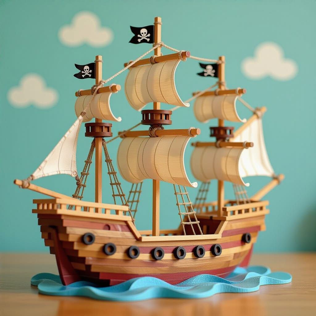 Popsicle Stick Pirate Ship in Whimsical Folk Art Style