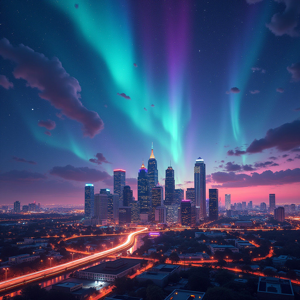 Futuristic Dallas Cityscape with Aurora Borealis