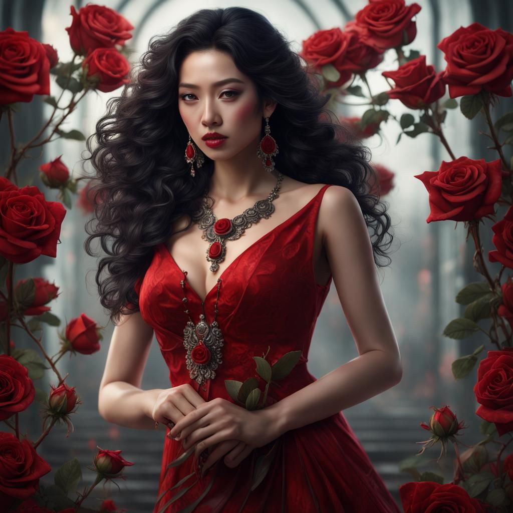 Hyperrealistic Asian Woman with Roses and Bloodstone