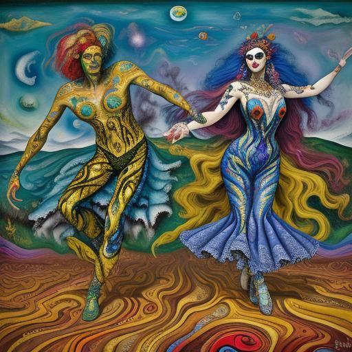 Psychedelic Dancers in a Colorful Dreamscape