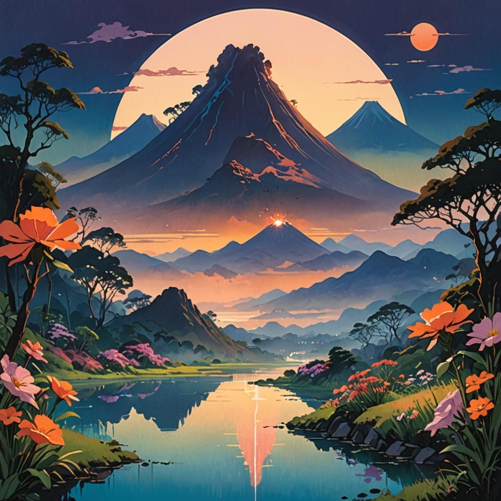 Lush Mountainous Landscape with Volcano at Sunset