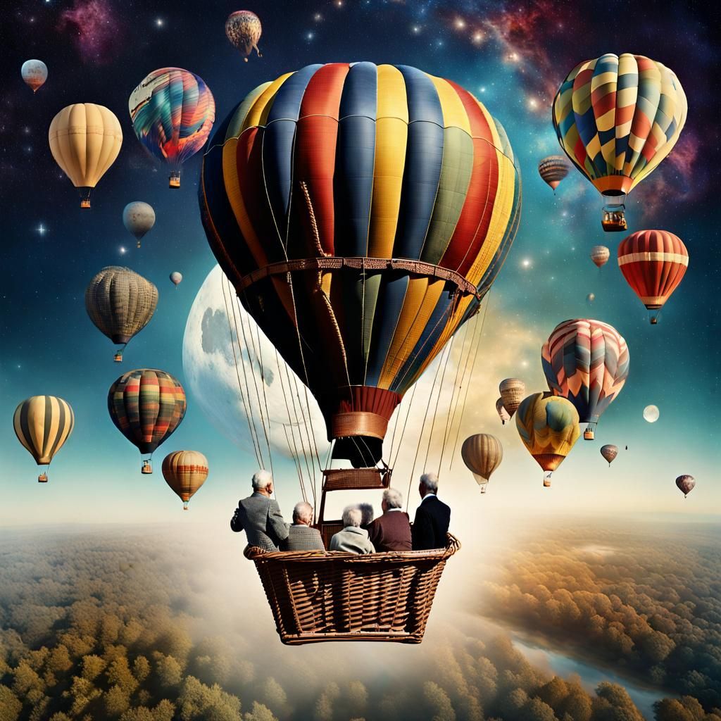 Hot Air Balloon Sails to Galaxy: Photorealistic Image