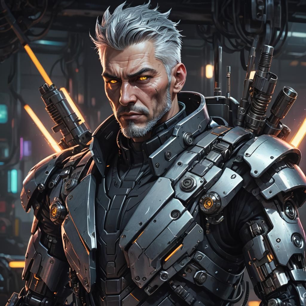 Cyberpunk Mechanic in Neon-Lit Industrial Setting