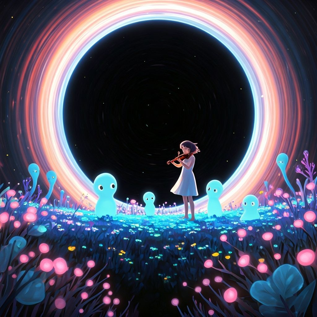 Girl Plays Violin for Aliens in Ethereal Black Hole