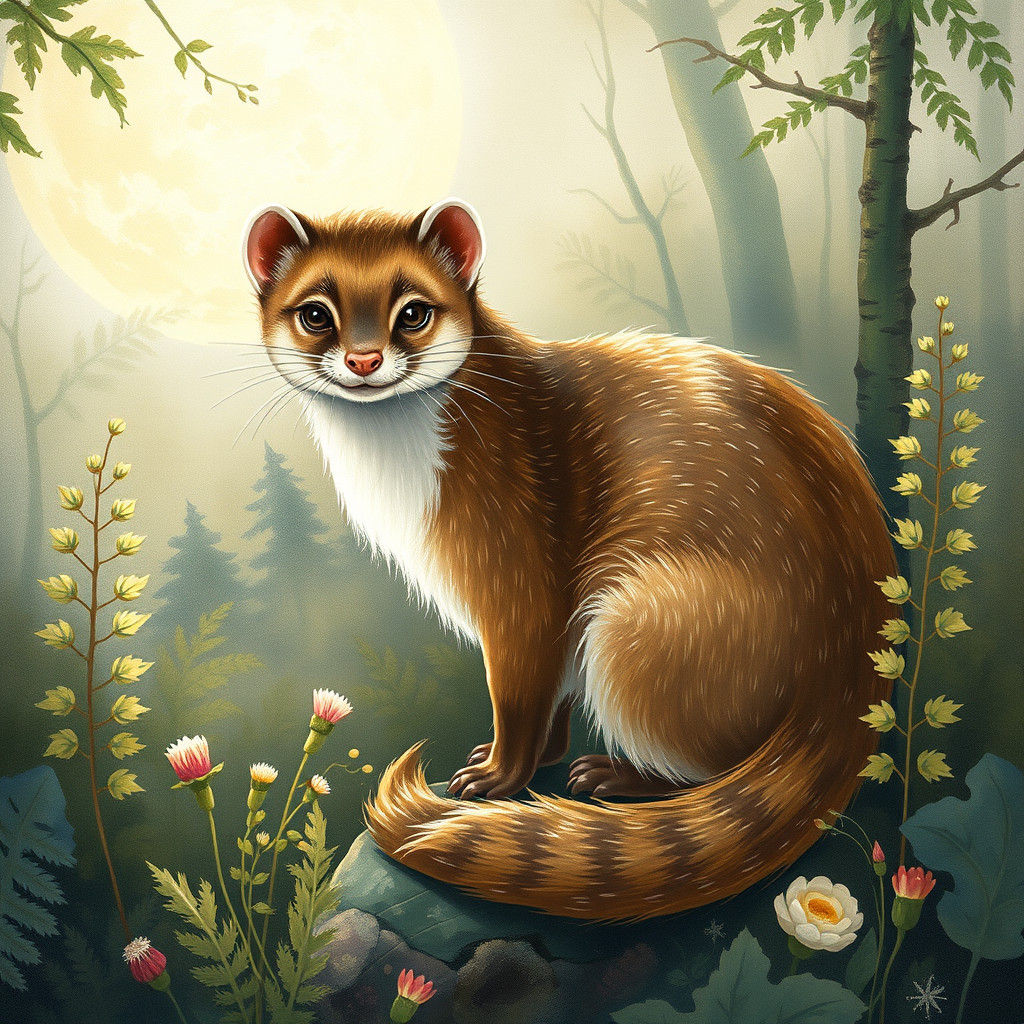 Stoat in Moonlit Forest: Watercolor and Illustration