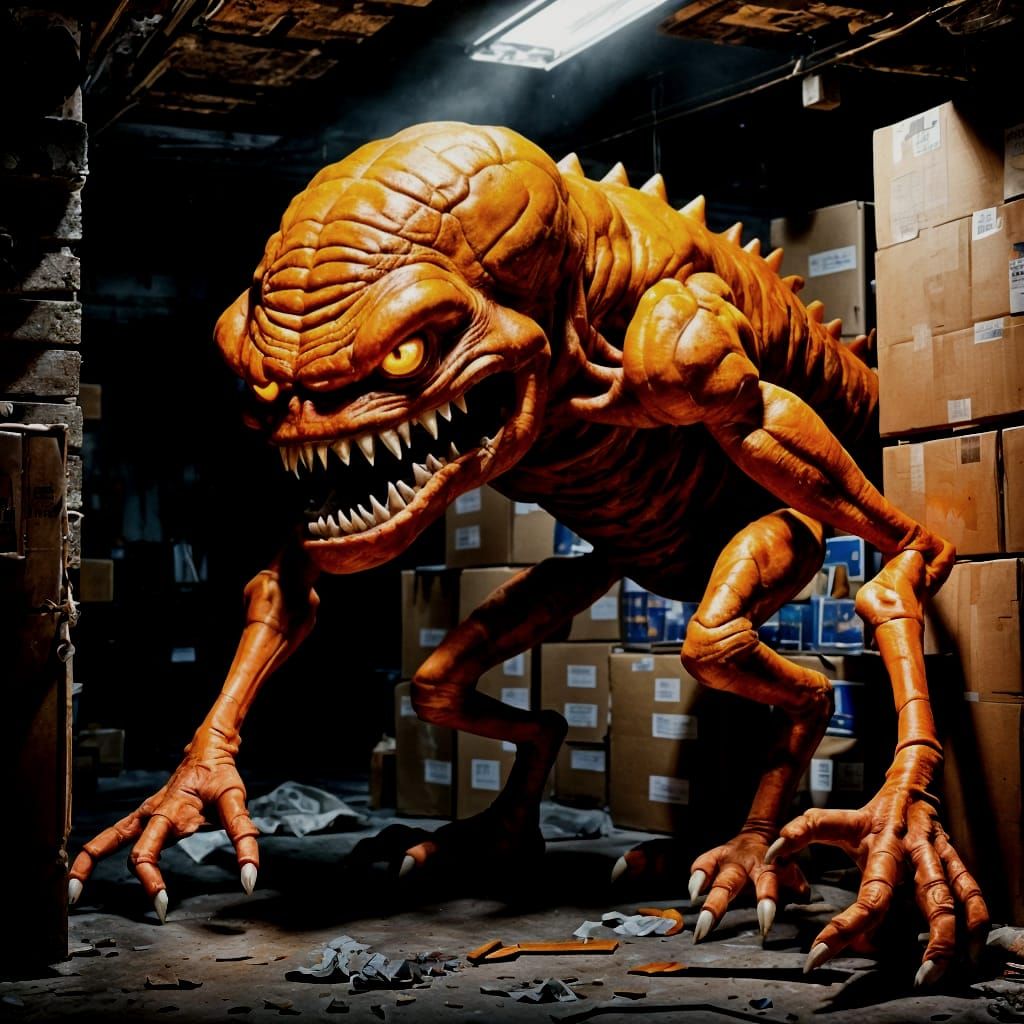 Hideous Orange Monster Lurking in Dark Basement