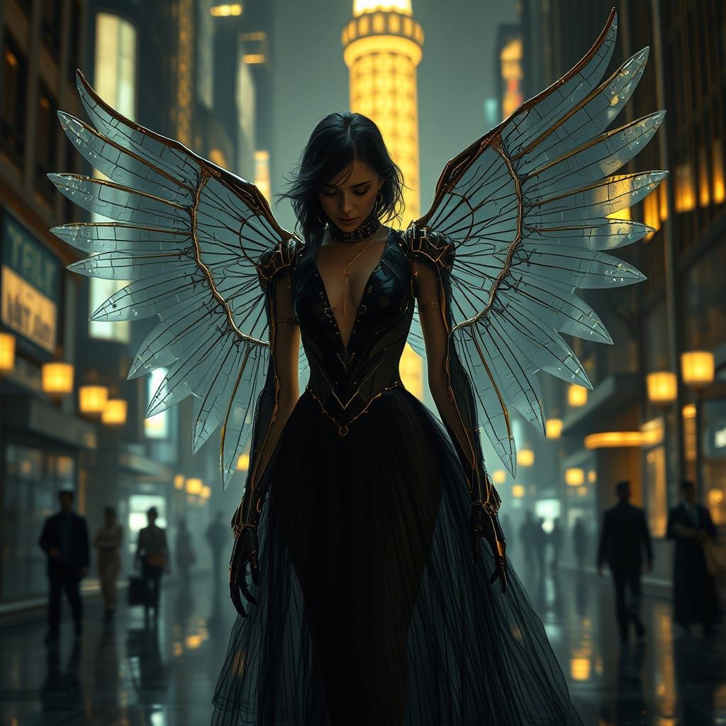 Futuristic Cyborg Angel in Art Deco City