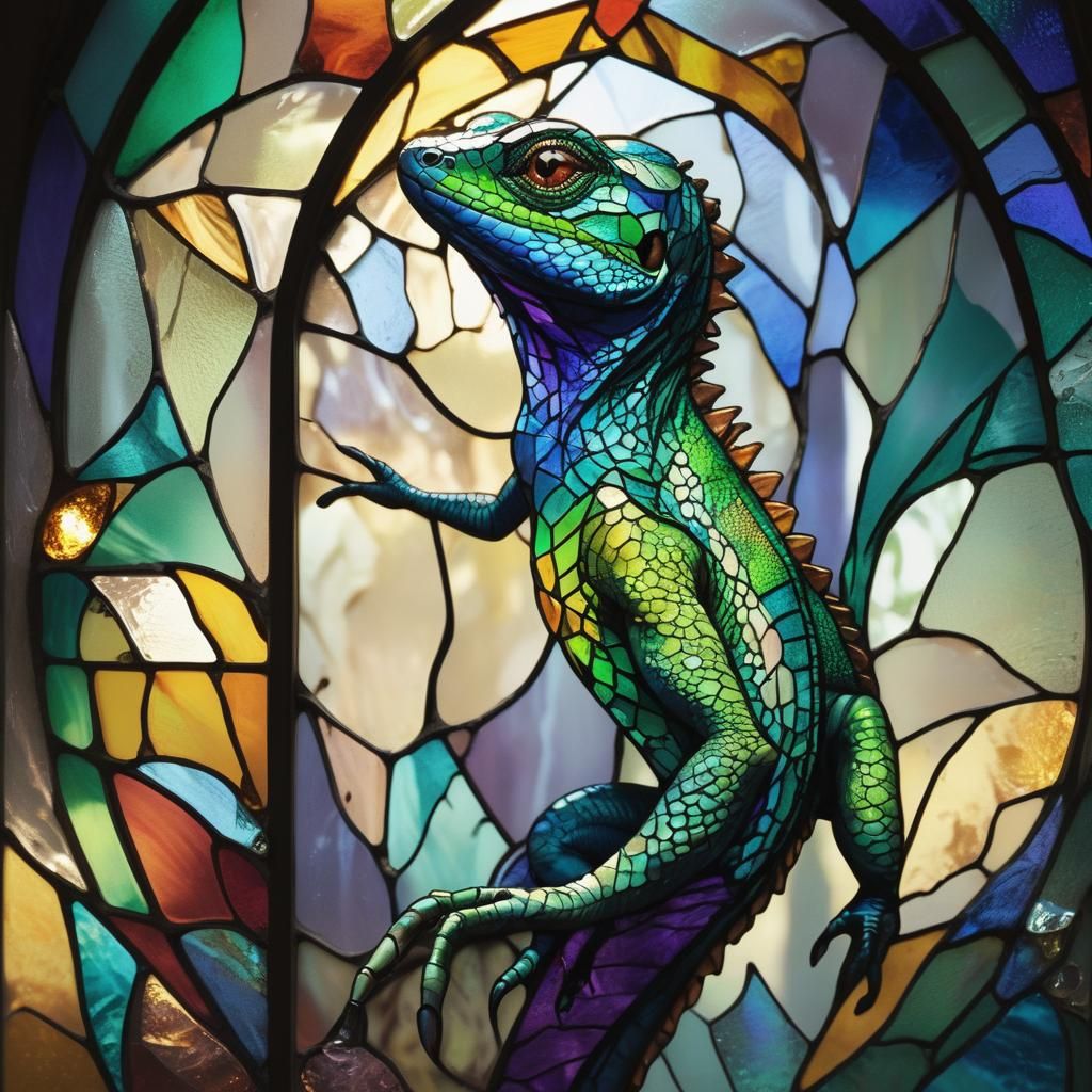 Lizard Walking on Stained Glass Wall in Art Nouveau
