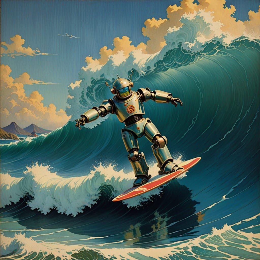 Retro Japanese Robot Surfing Wave in Maxfield Parrish Style