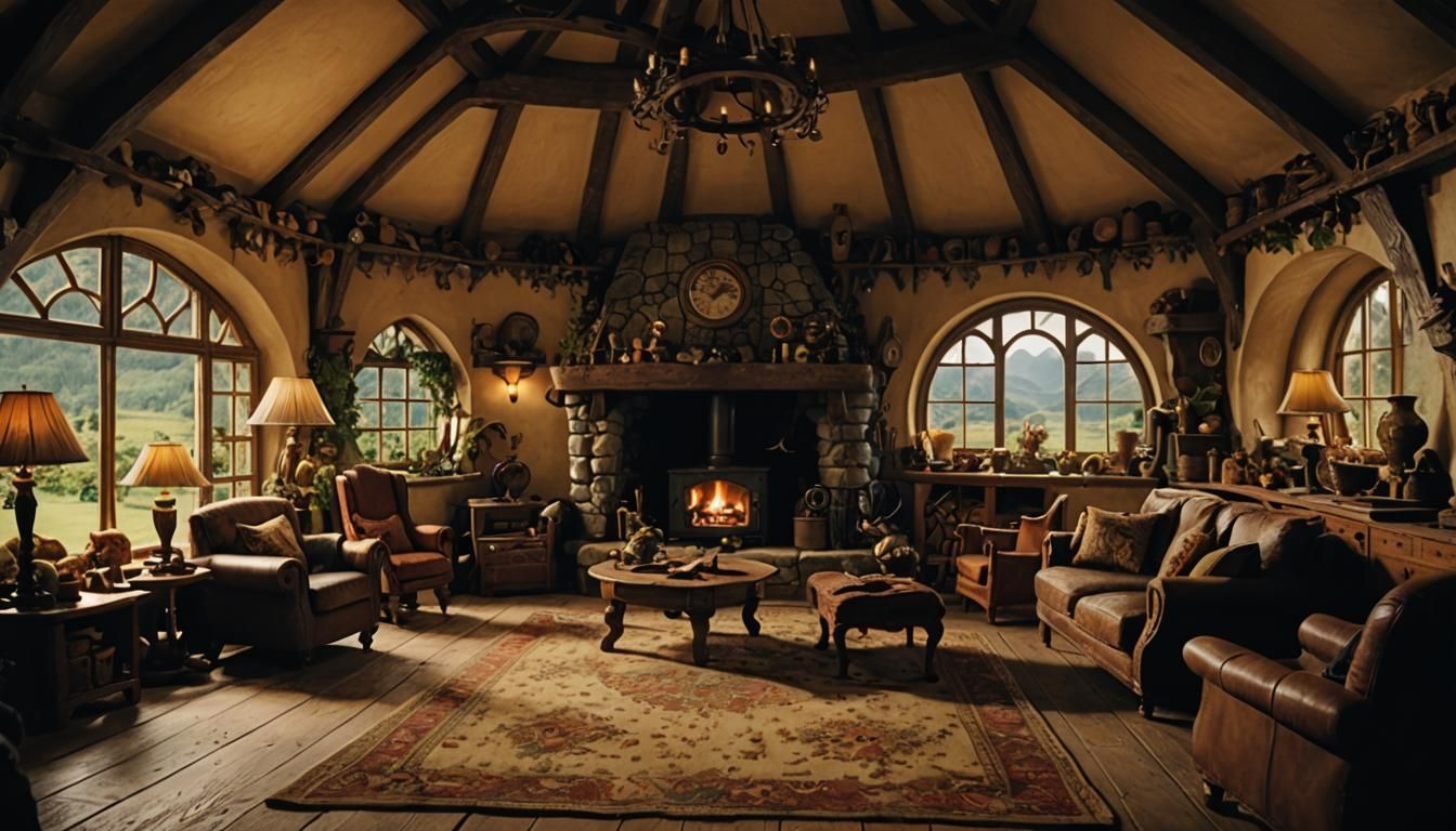 Cozy Hobbit House Living Room: Cinematic Film Still