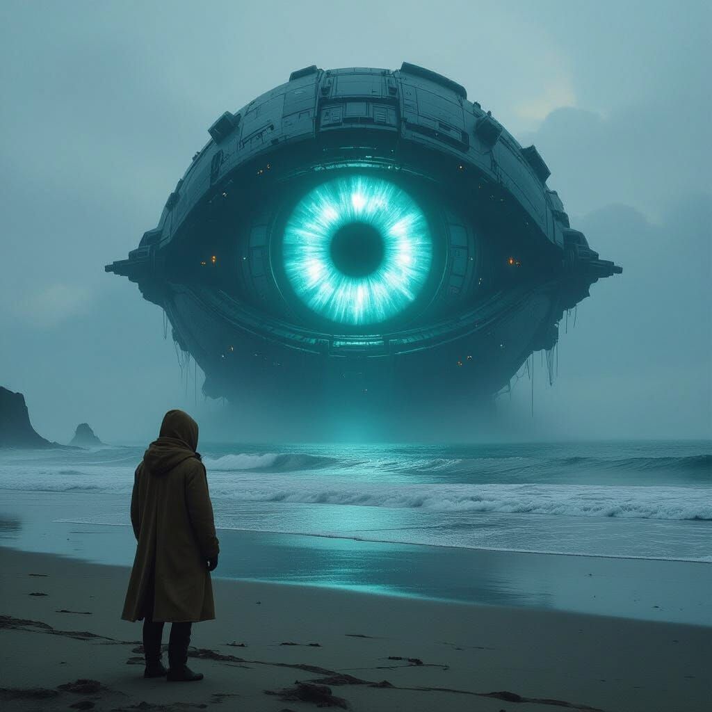 Cybernetic Eye Rises from Ocean on Windswept Beach