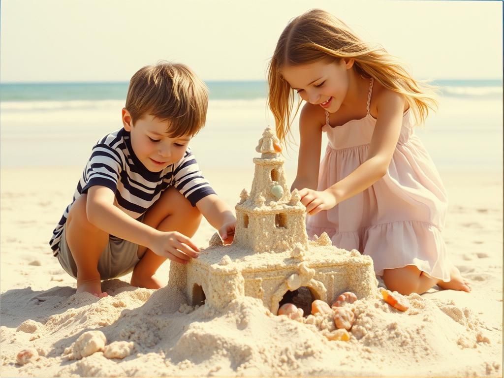 Children Building Sandcastle on Beach in Polaroid Style