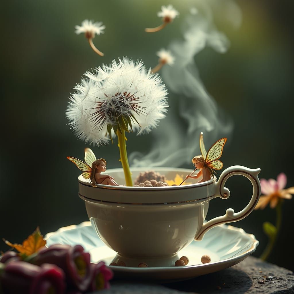 Whimsical Dandelion Blooms in a Steaming Teacup Scene