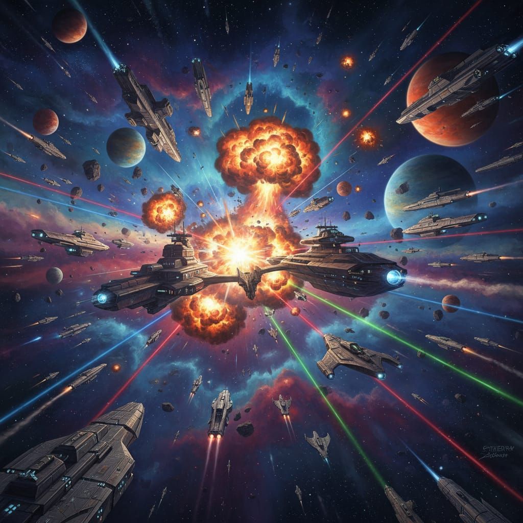 Epic Space Battle in Vibrant Cosmic Style