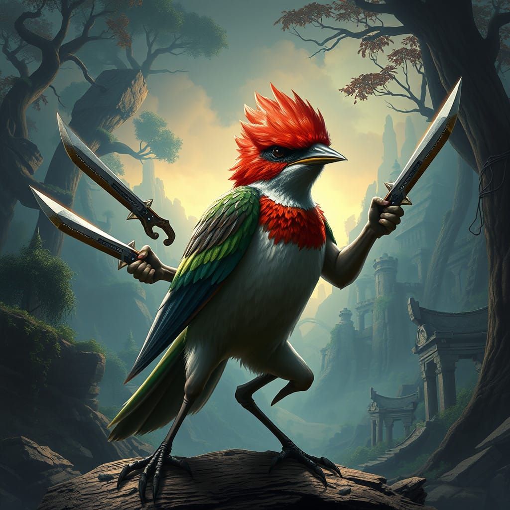 Fantasy Sparrow Hero Wields Throwing Knives in Ancient Ruins