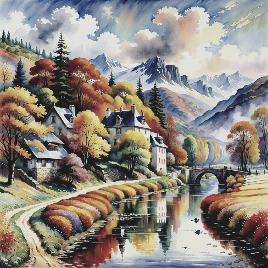 Autumn Landscape in Impressionistic Watercolor Style