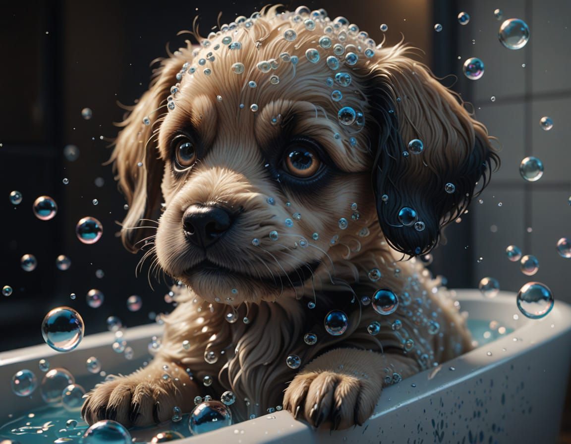 Surreal Puppy in a Bubble Bath Scene with Unreal Engine Shad...