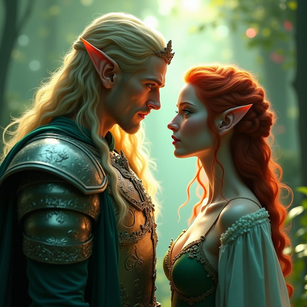 Elven King Gazing at Maiden in Enchanted Forest