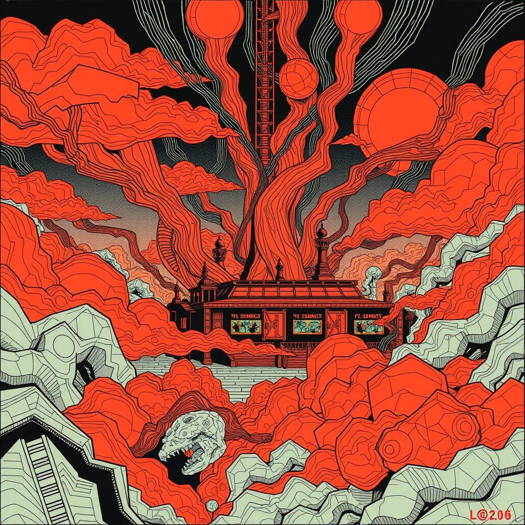 Chaotic Biopunk Facility in Linocut Style