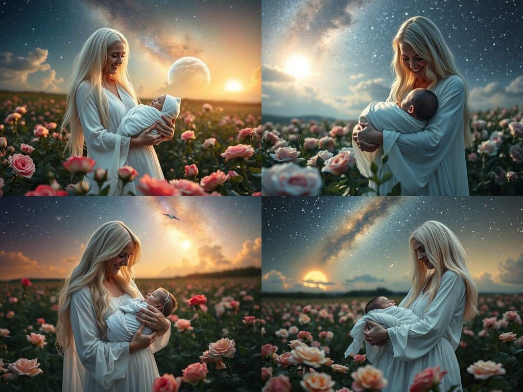 Serene Astral Mother Embracing Baby in Celestial Field of Ro...