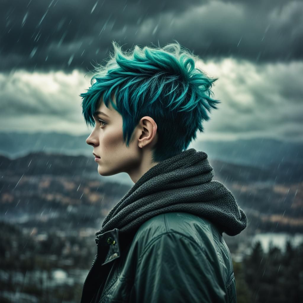 Blue to Green Spiked Pixie Cut Portrait