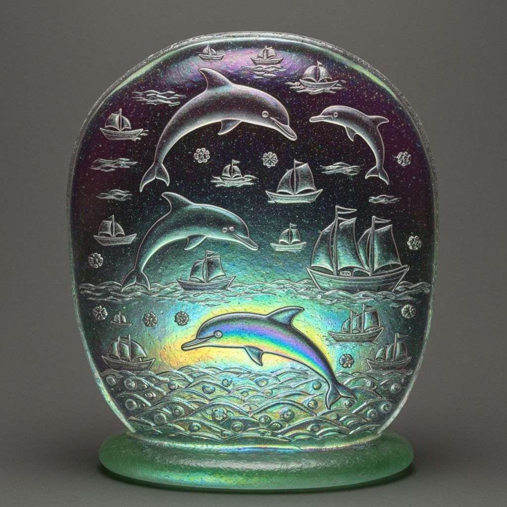 Intricate Sea-Glass Sculpture of Dolphins and Boats