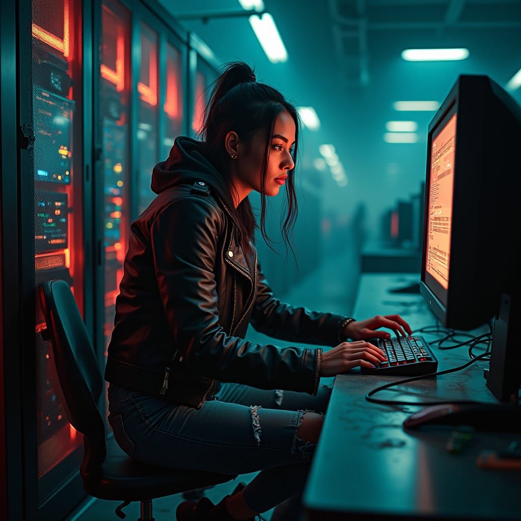 Cyberpunk Native American Woman Connects to Futuristic Serve...