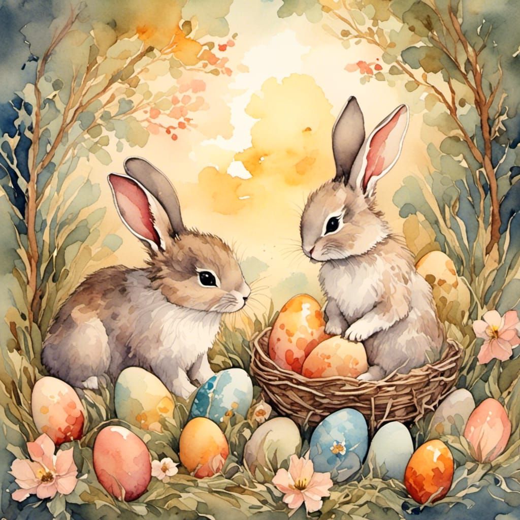 Cute Bunnies with Decorated Eggs in Watercolor