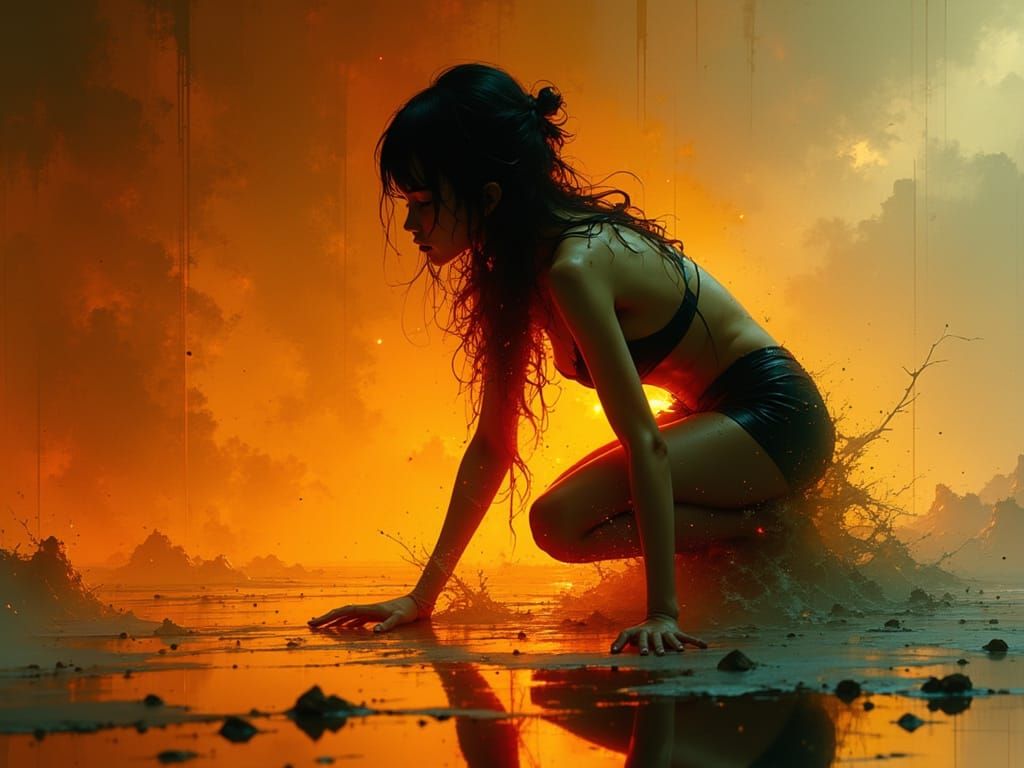 Woman Sculpted From Orange Shadow, Ethereal Light