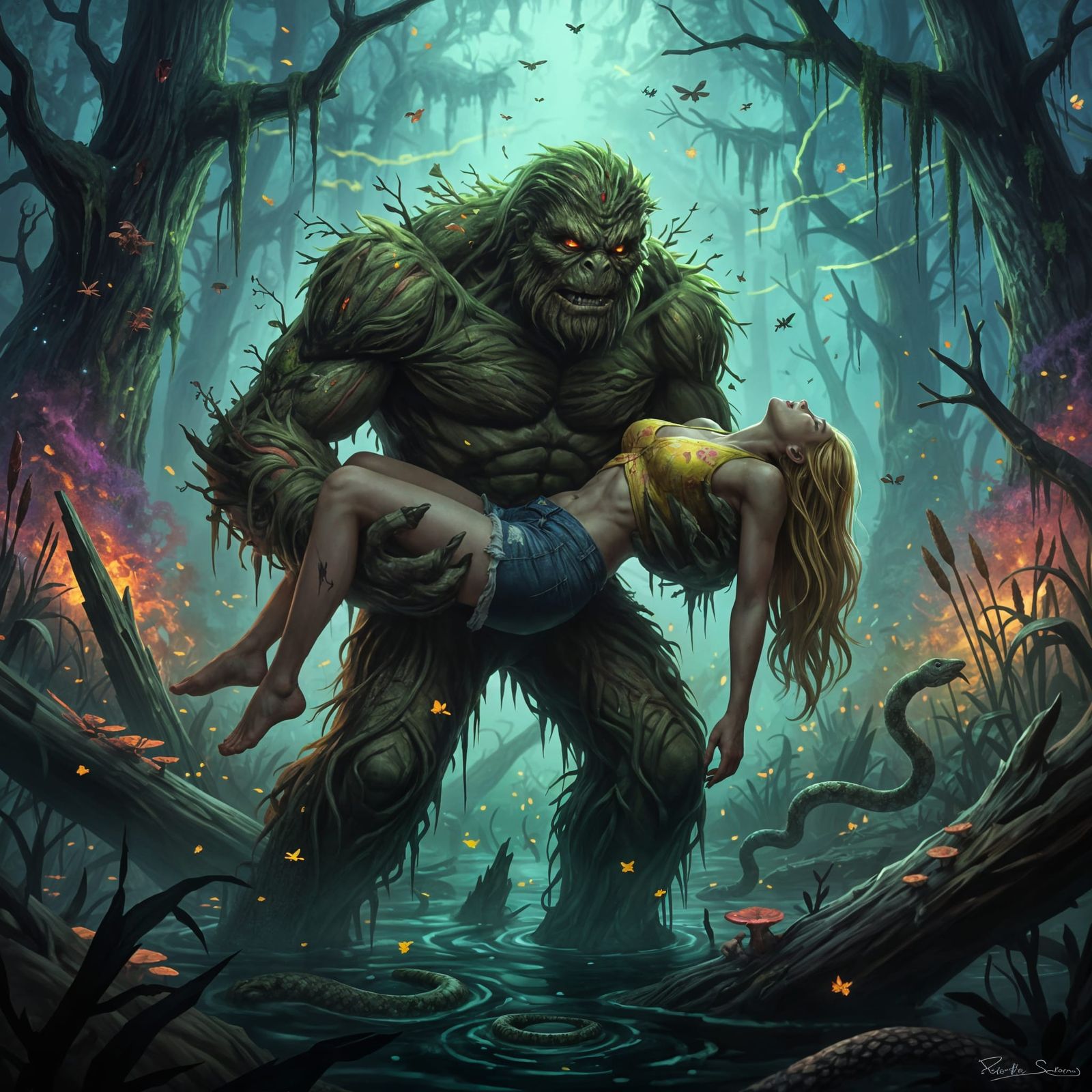 Man-Thing Carries Woman Through Misty Swamp