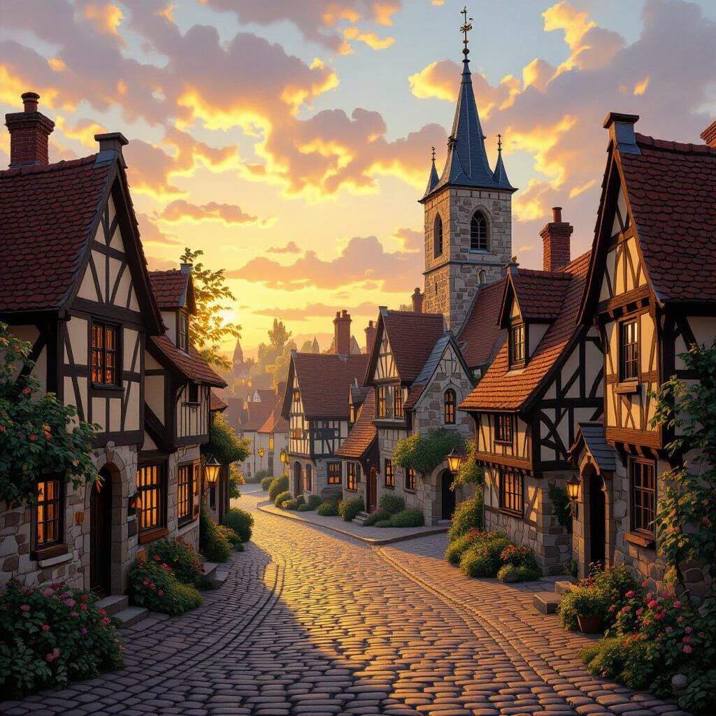 Medieval Village Scene with Church and Timbered Houses