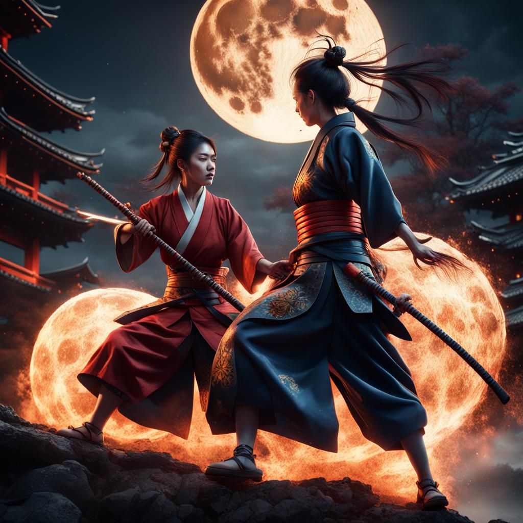 Samurai Woman Warrior Under Fiery Moon