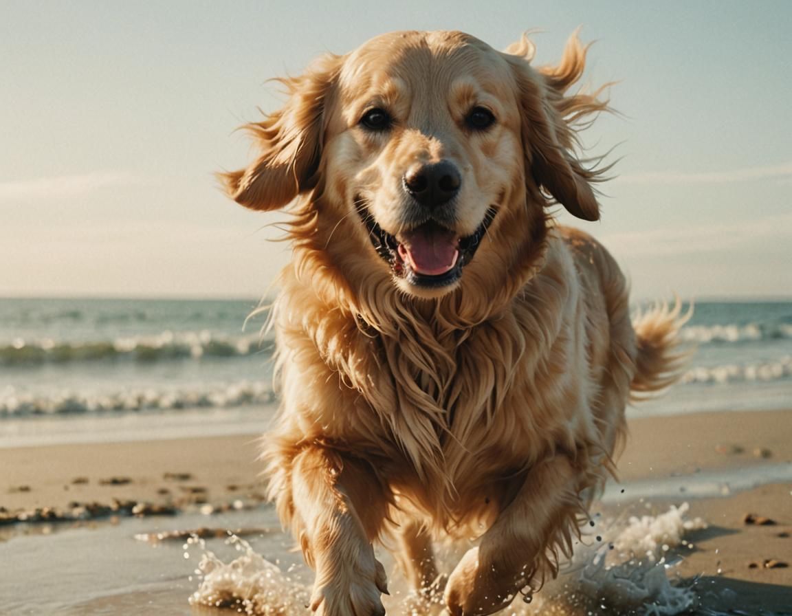 Golden Retriever Runs on Beach in Cinematic Style