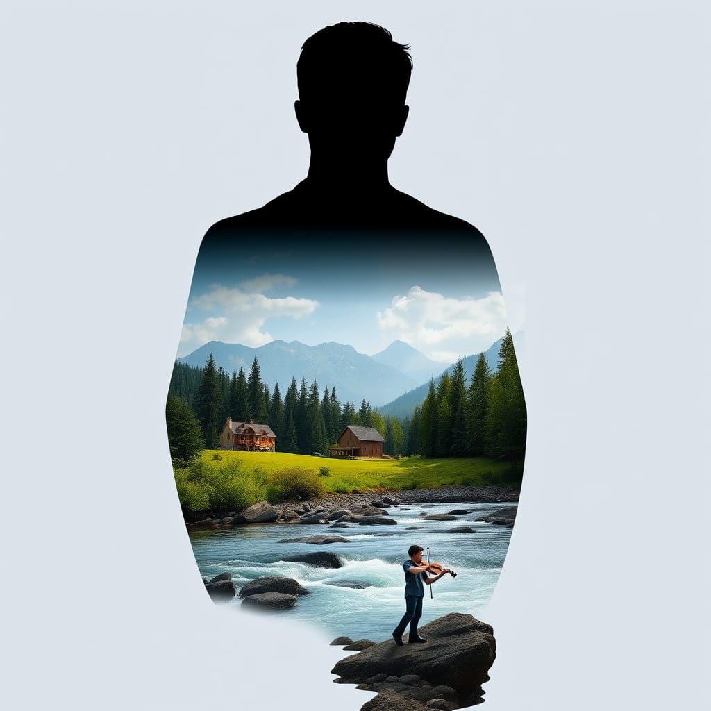 Man Silhouette Contains Forest House and Violinist