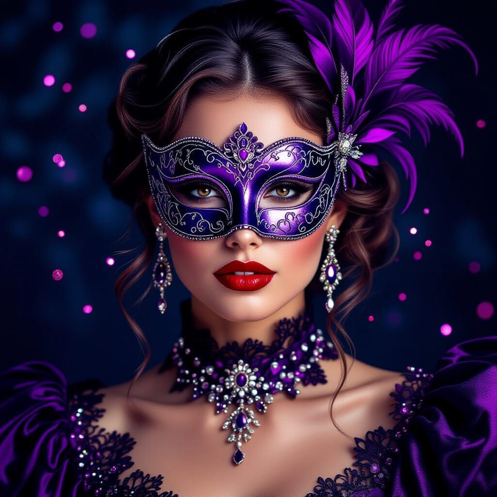 Woman with Masquerade Mask in Hyperrealistic Style