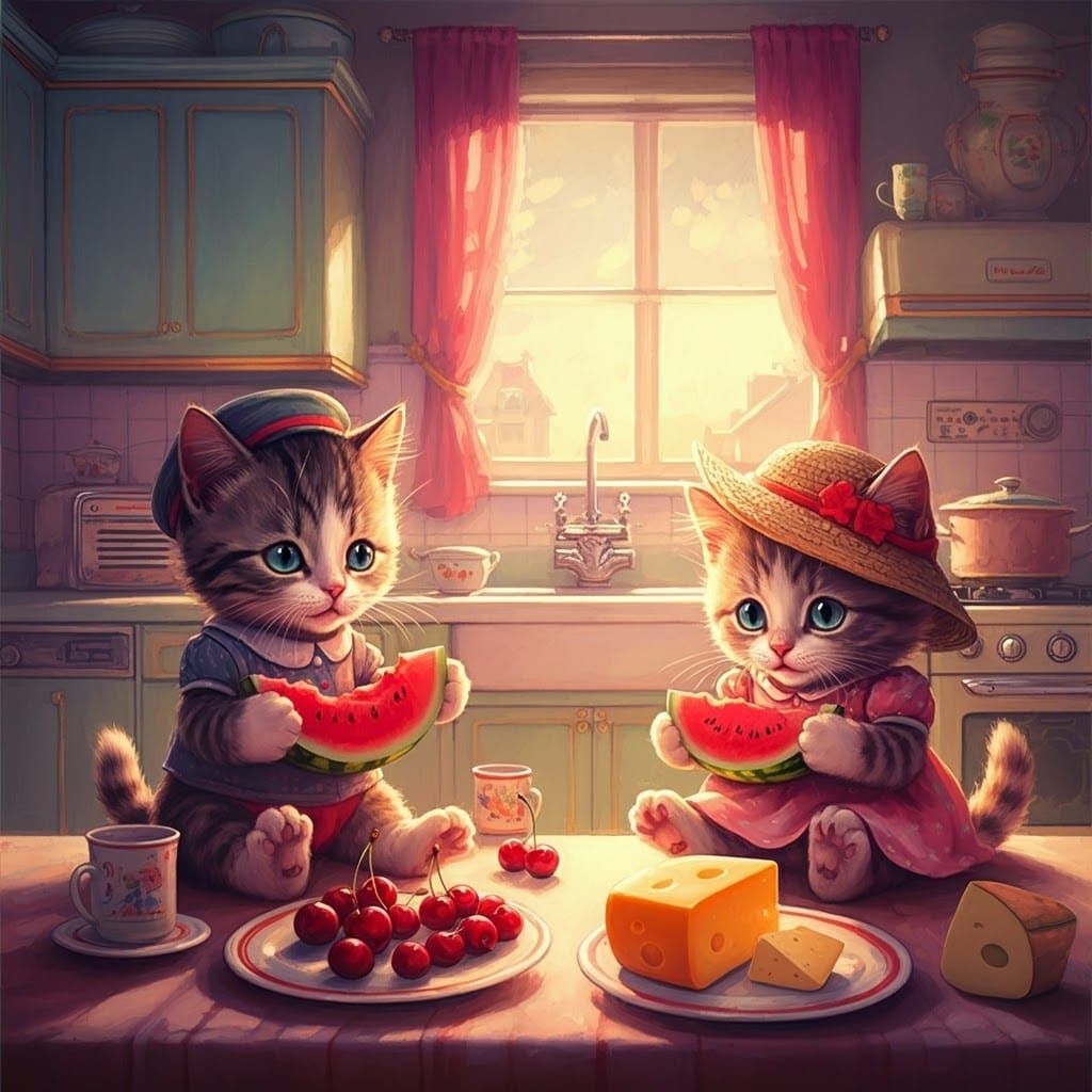 Kittens in 1950s Kitchen, Oil Gouache Textures