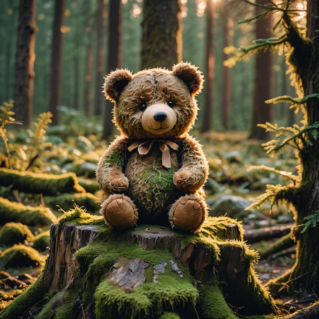 Teddy Bear in Forest at Nightfall: Wildlife Photography