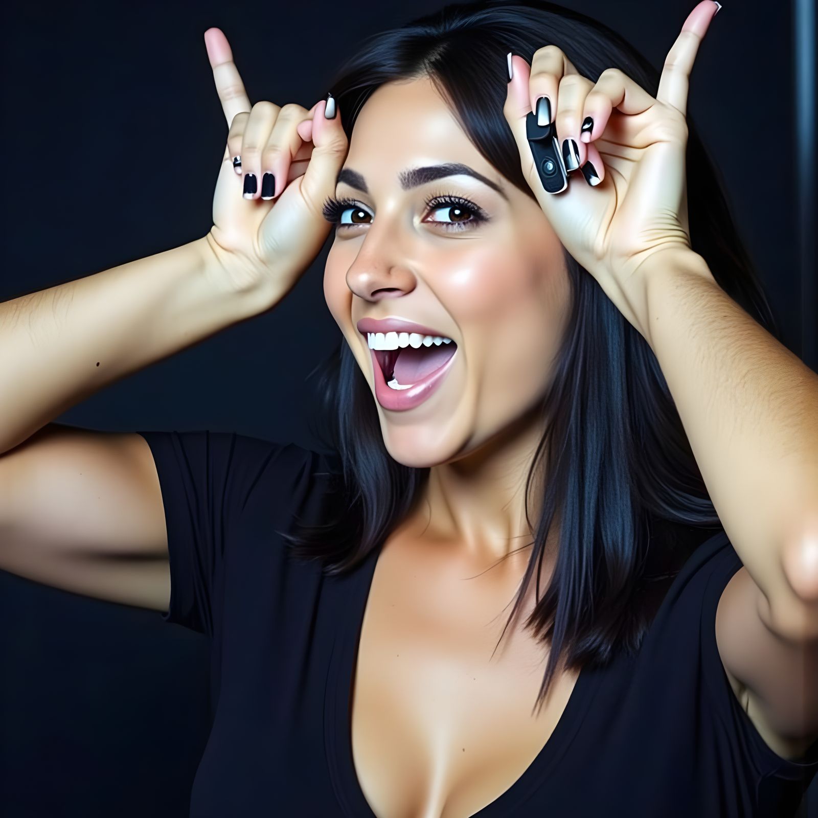 Mysterious Woman Smizes with a Flirtatious Horn Gesture