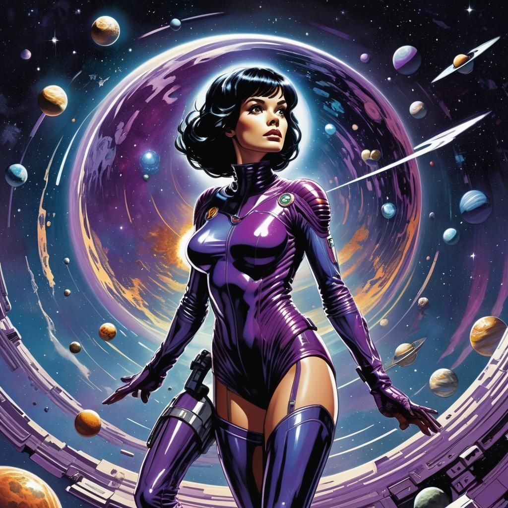 Woman in Violet Latex Suit, Comic Book Art