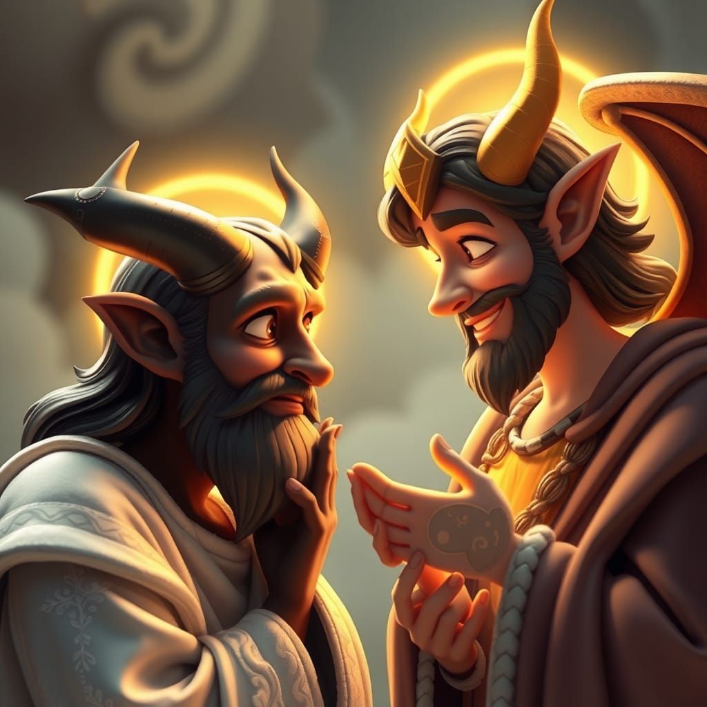 God Apologizes to Devil in Pixar-Style 3D Render